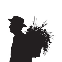 Silhouette of Silletero man holding on its back a floral arrangement during Festival of t  on white background
