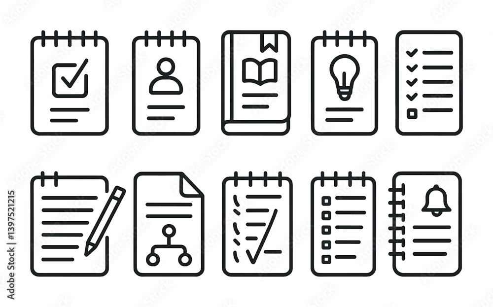 Poster essential notepad icons set: to-do lists, notes, and ideas in linear style