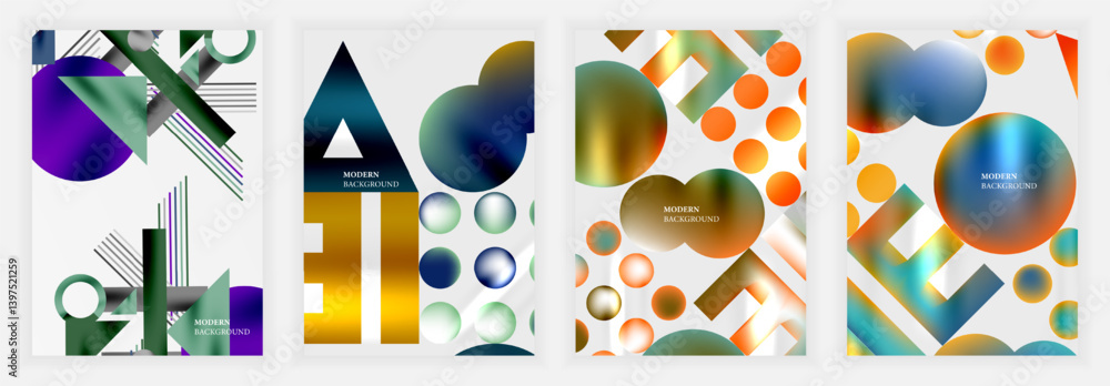 Poster abstract geometric designs feature vibrant gradients, circles, triangles, rectangles. modern backgro