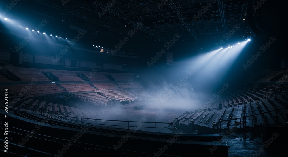 Poster empty arena under stage lights - a large empty arena is bathed in the blue glow of stage lights, cre