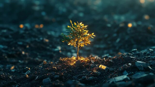 A tiny glowing tree growing from the center of a lawn