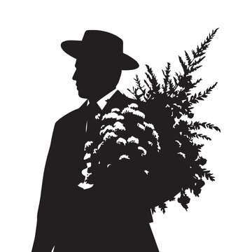 Silhouette of Silletero man holding on its back a floral arrangement during Festival of t  on white background