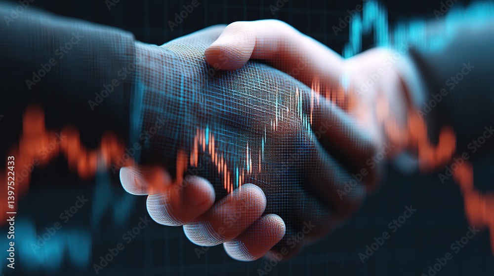 Poster double exposure of hands shaking with forex graph background