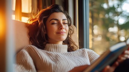 Woman enjoys a peaceful moment reading in a cozy cabin in North East England