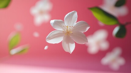 Obraz premium Falling White Flowers on Pink Background: A Delicate Dance of Petals