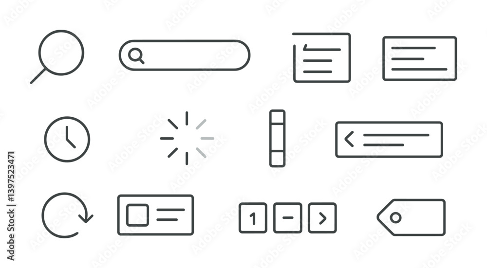 Poster minimalist linear icons set for web and ui design: search, loading, navigation, and more