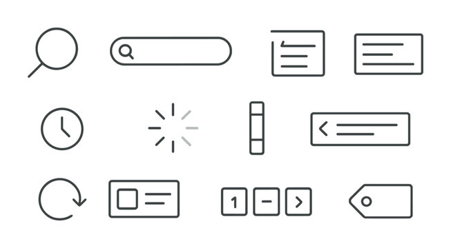 Minimalist linear icons set for web and ui design: search, loading, navigation, and more