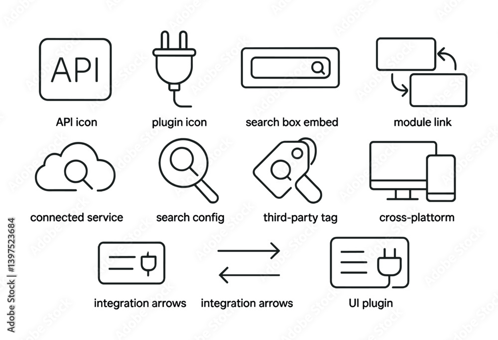 Poster essential tech icon set: api, plugin, search, and more in linear style