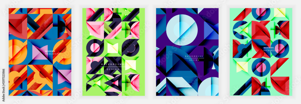 Poster Four vibrant geometric backgrounds. Designs feature overlapping shapes, triangles, circles, squares. Bright colors create modern aesthetic. Minimalist style, abstract patterns.