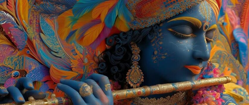 A vibrant Indian deity wearing colourful clothing and playing a flute against a celestial backdrop