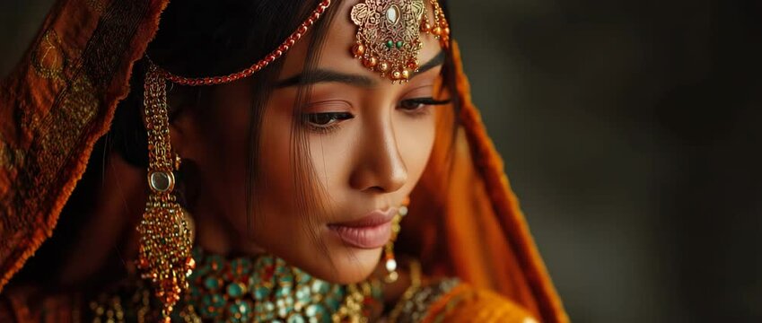 A young Hindu woman model wearing a bracelet, tikka, earrings, and a golden Kundan jewellery set.  Traditional Indian attire, such as a saree or lehenga choli
