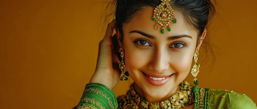 A young Hindu woman model wearing a bracelet, tikka, earrings, and a golden Kundan jewellery set.  Traditional Indian attire, such as a saree or lehenga choli
