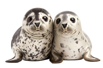 Affectionate aquatic duo: Harbor seals in striking contrast against darkness