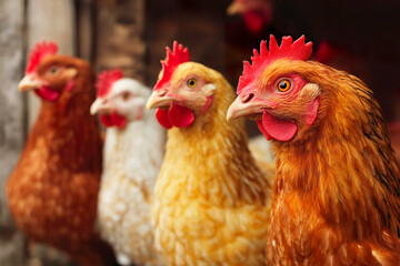 Four village chickens stand in a row, the very first one in focus.