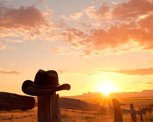 Cowboy hat sunset prairie fence.
