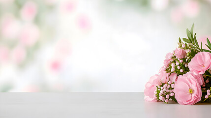Obraz premium Beautiful bouquet of pink flowers arranged elegantly on a table with a soft blurred background showcasing a romantic atmosphere floral decoration concept
