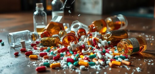 Shattered glass bottles, spilled pills create chaotic mess on floor, wreckage, pharmacy, hazard
