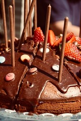 Chocolate cake decoration with frosting and strawberries close up.