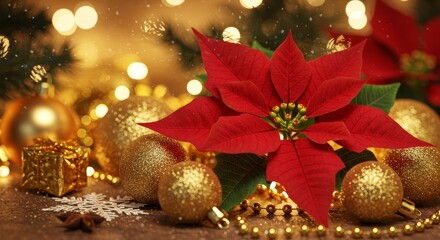 Festive Poinsettia and Gold Ornaments - A vibrant red poinsettia surrounded by sparkling gold Christmas ornaments. Perfect for holiday cards and decorations