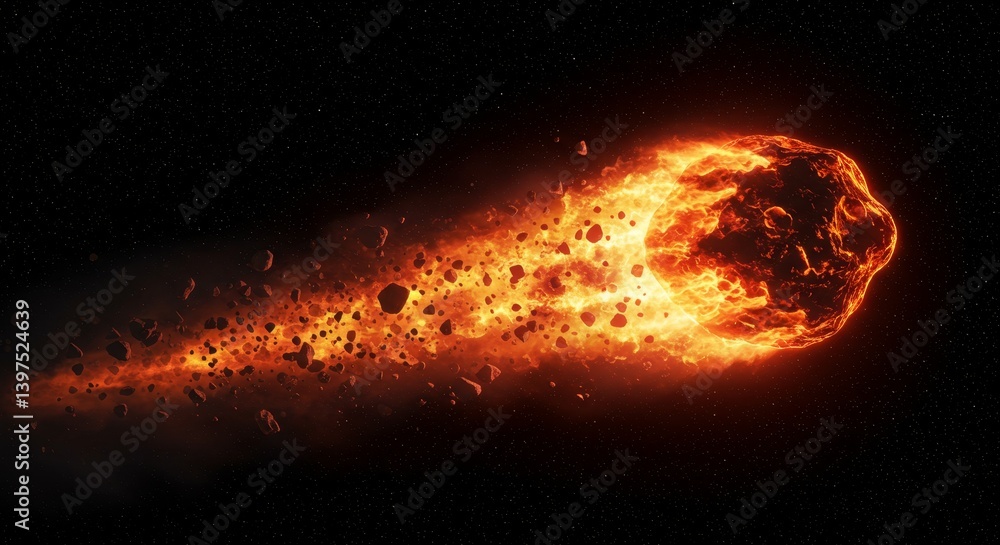 Poster fiery asteroid collision in deep space - a blazing asteroid hurtles through space, leaving a fiery t