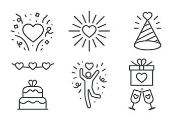 Fototapeta premium Celebration and romance icon set: love, party, and festive elements in linear style