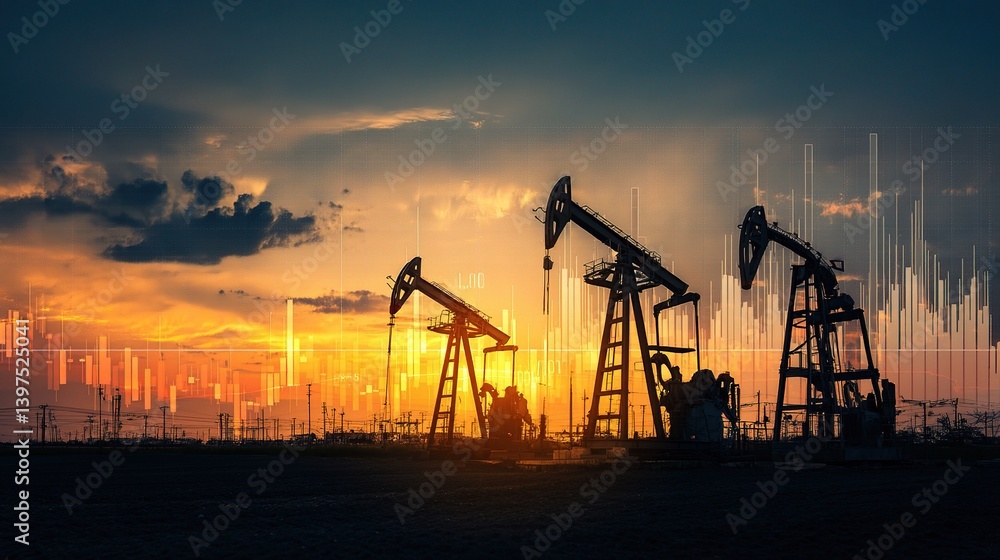 Poster oil fields at sunset with data charts overlay for analysis
