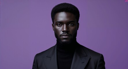 Obraz premium black African 40s man on purple plain bright background modern chic fashion pose model portrait portrait banner with copy space ad concept marketing