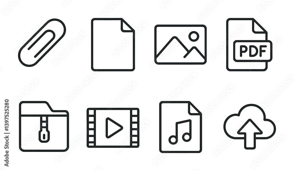 Aufkleber essential document management icons set in sleek linear style for digital organization