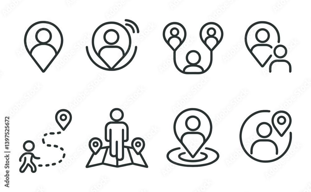 Poster location and navigation icons set: linear style for apps and websites