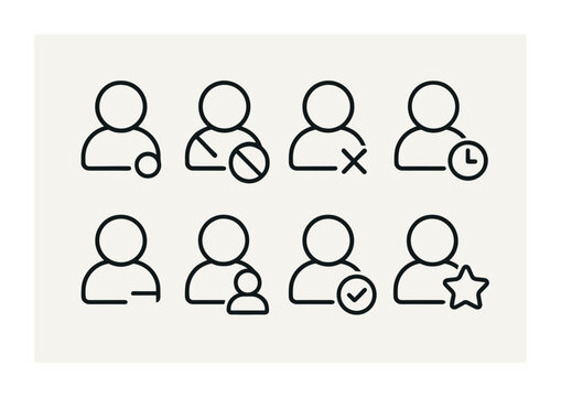 User management linear icon set: notifications, access, preferences, status, profile