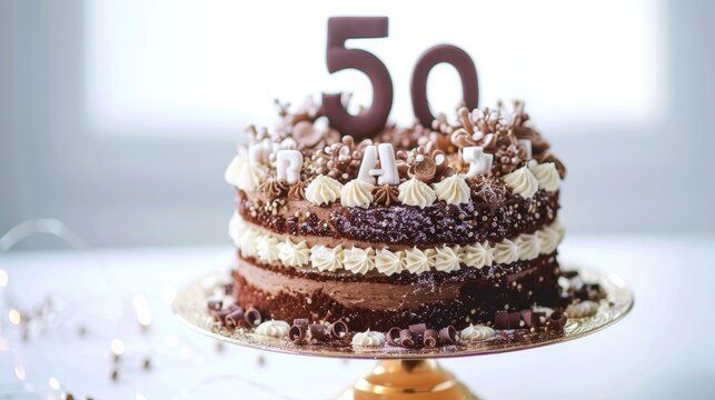 Chocolate cake with decorations for 50th birthday celebration in a bright indoor setting - Powered by Adobe
