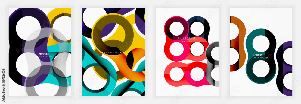 Poster abstract designs feature overlapping circles, vibrant colors, modern aesthetic. backgrounds suggest 