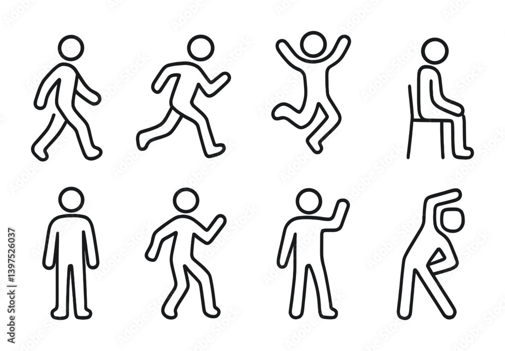 Poster linear icons set depicting various human activities and gestures in simple outlines
