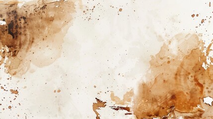 Artistic abstract background with brown and beige stains on a white surface created by splatters and textures