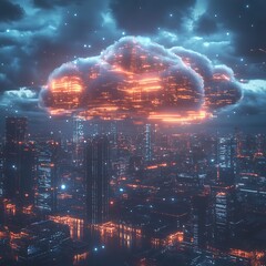 Obraz premium Glowing cloud of data floating above a futuristic cityscape high resolution picture