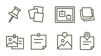 Organizational tools icon set: 3d pin, note, document, and map icons collection