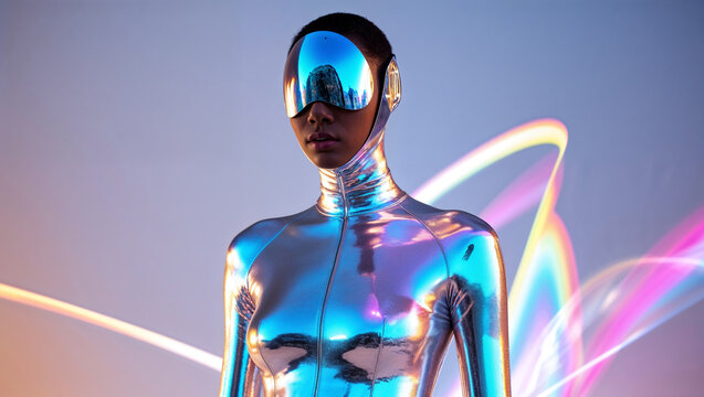 Futuristic Woman In Metallic Suit And Visor With Abstract Light Trails