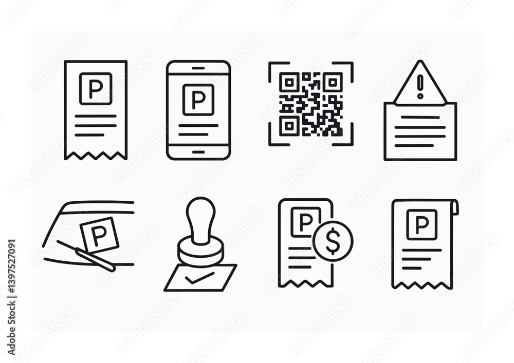Poster essential parking receipt icons set - linear style for digital applications