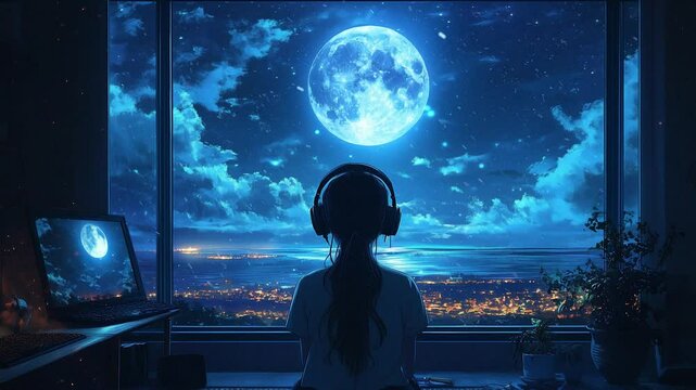 anime lo-fi girl with headphones by a large window, ocean view at night, moonlit waves, minimalistic room, soft ambient light, creative and introspective, modern digital art style