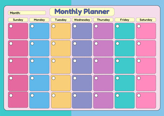 Monthly planner template with a blank calendar grid, weekdays labeled, and space for notes and tasks on a pastel background. Ideal for organizing the time of school children, females and women.