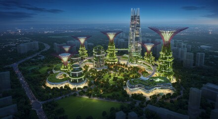 Futuristic Eco-City at Night - Aerial view of a modern, sustainable city at night, featuring illuminated skyscrapers and lush greenery