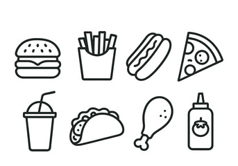 Fast food icon set in linear style: burgers, fries, pizza, and more