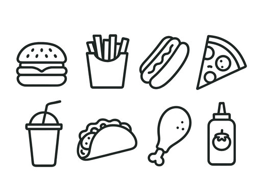 Fast food icon set in linear style: burgers, fries, pizza, and more