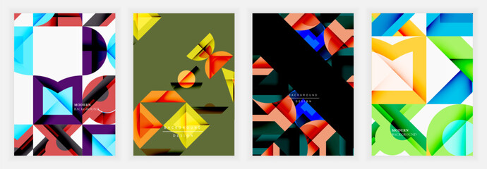 Abstract geometric designs. Vivid colors, overlapping shapes create dynamic compositions. Modern style, suitable backgrounds or digital art projects. Clean lines, bold contrasts present visual interes