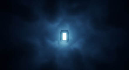 Glowing Portal in Dark Mist - A bright, rectangular light illuminates from within a dark, misty void. A sense of mystery and hope
