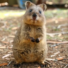 Obraz premium Quokka stands cheerfully on its hind legs in a natural setting on a sunny day in Australia, showcasing its friendly demeanor and curiosity