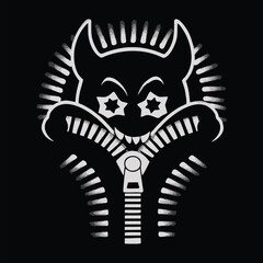 ai17440929572Creative black and white vector illustration of a funny cartoon monster peeking through an open zipper. The design features a quirky creature with horns, a stitched mouth, and a s3_10.eps