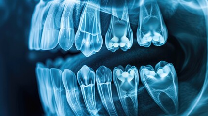Dental x-ray revealing detailed structure of teeth and jaw in a clinical setting