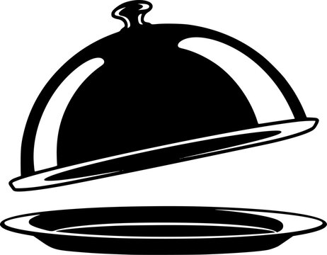 erving tray. Serving food graphic icon. Sign hand of waiter with tray. Waiter serving. Isolated symbol on white background. Vector illustration