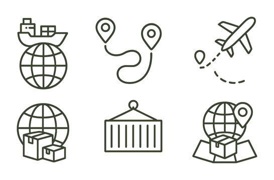 Logistics and shipping linear icon set: delivery, transport, and global trade icons collection